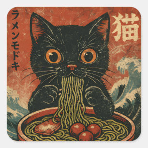 Cat Ramen Japanisches Lustiges Grafik Kawaii Cat A Quadratischer Aufkleber