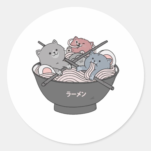 Cat Ramen Kawaii Runder Aufkleber (Vorderseite)
