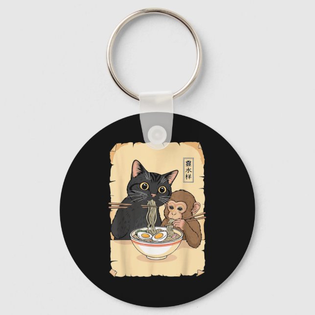 Cat Ramen Monkey Shirt Funny Cat Monkey Eating Ram Schlüsselanhänger (Vorderseite)