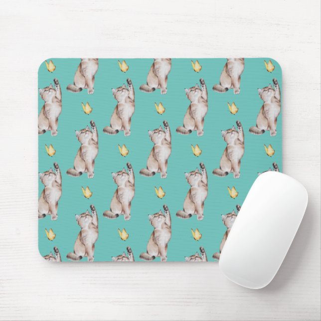 Cat Reaching For Yellow Butterfly on Light Aquamar Mousepad (Mit Mouse)