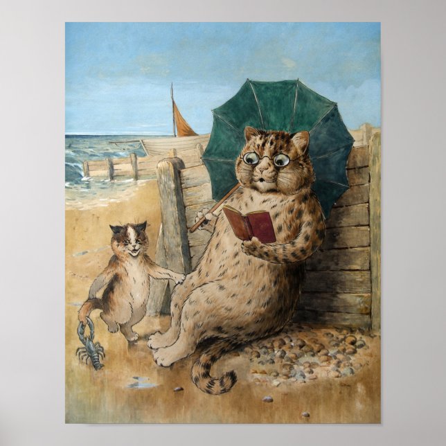 Cat Reading a Book by Louis Wain Poster (Vorne)