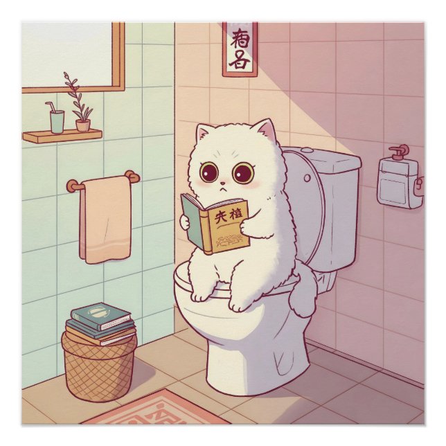 Cat Reading A Book On The Toilet Poster (Vorderseite)