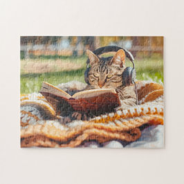 Cat reading book on knitted blanket puzzle