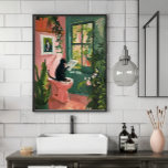 Cat Reading Newspapier - Cooles Badezimmer Poster<br><div class="desc">Mit diesem modernen, skurrilen Druck fügen Sie Ihrer Badkunstwand ein wenig Unheil hinzu. Dieses Stück mit einer ausgeklügelten schwarzen Katze, die die Neuigkeiten auf einer rosa Toilette aufgreift, bringt Spaß und Charme in jeden Raum. Die kühnen Pinselstriche, die üppige Vegetation und die spielerische Farbpalette schaffen ein gemütliches, stilvolles Ambiente, das...</div>