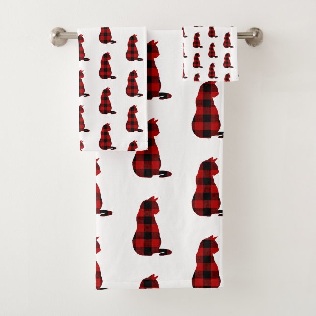 Cat Red Kariert Pattern Badhandtuch Set (Insitu)