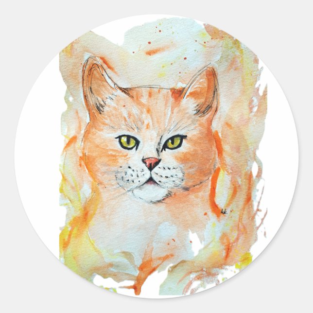 Cat Red Magic Spaß Watercolor Mystic Runder Aufkleber (Vorderseite)