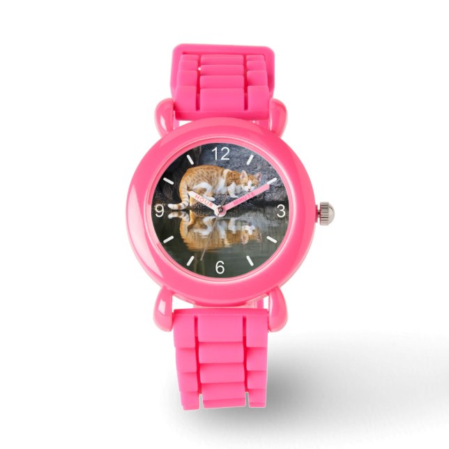 Cat Reflection in Pond Water Foto Mädchen Wählplat Armbanduhr (Vorderseite)