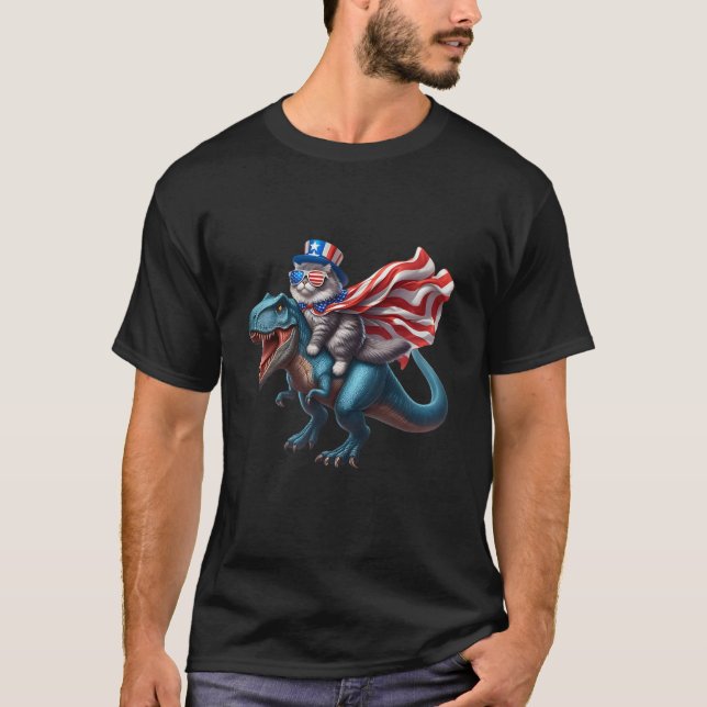 Cat reiten T rex Dinosaur usa usa Flag Patriotic 4 T-Shirt (Vorderseite)