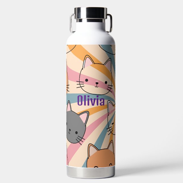 Cat Retro Minimalistisch Modern Personalisiert Trinkflasche (Vorderseite)