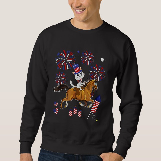 Cat Ridding Horse Sunglasses 4th Of July American  Sweatshirt (Vorderseite)