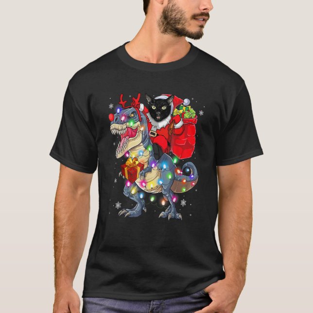 Cat Riding A Dinosaur Rex Weihnachten T-Shirt (Vorderseite)
