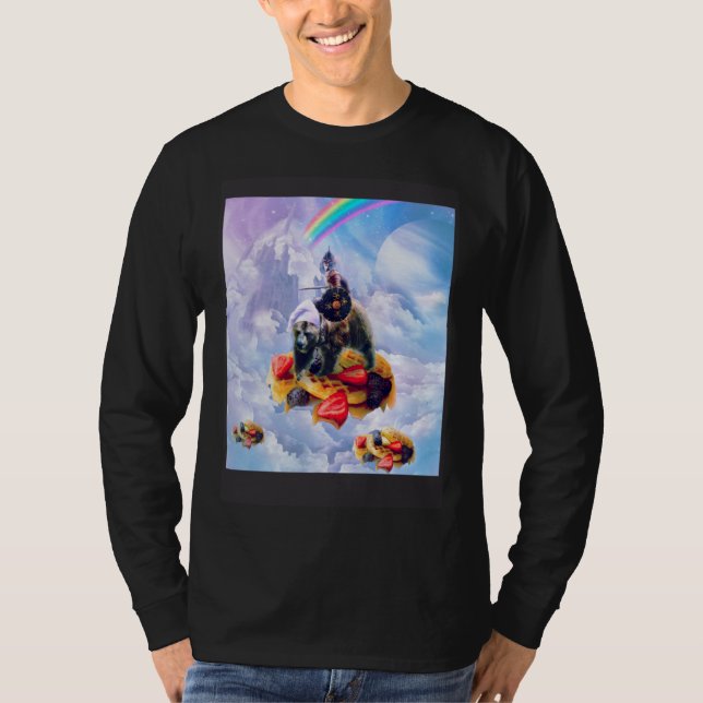 Cat Riding Bear On Clouds And Waffles T-Shirt (Vorderseite)