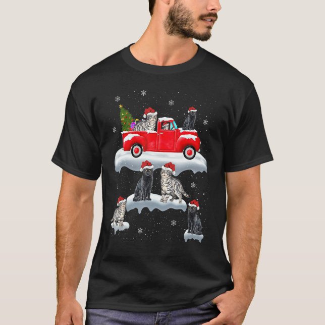 Cat Riding Christmas Tree Truck Funny Cat Christma T-Shirt (Vorderseite)