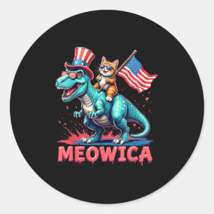 Cat Riding Dinosaur 4. Juli Meowica American F Runder Aufkleber