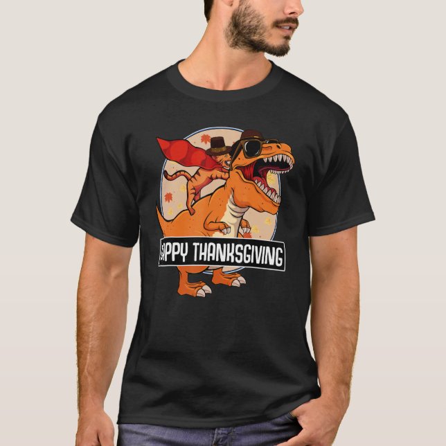 Cat Riding Dinosaur Happy Thanksgiving Day Cute re T-Shirt (Vorderseite)