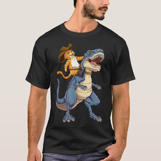 Cat Riding Dinosaur T rex Funny Purrassic Kitty T-Shirt (Vorderseite)