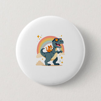 Cat Riding Dinosaur T-Rex Kitten Rainbow Dino Funn Button