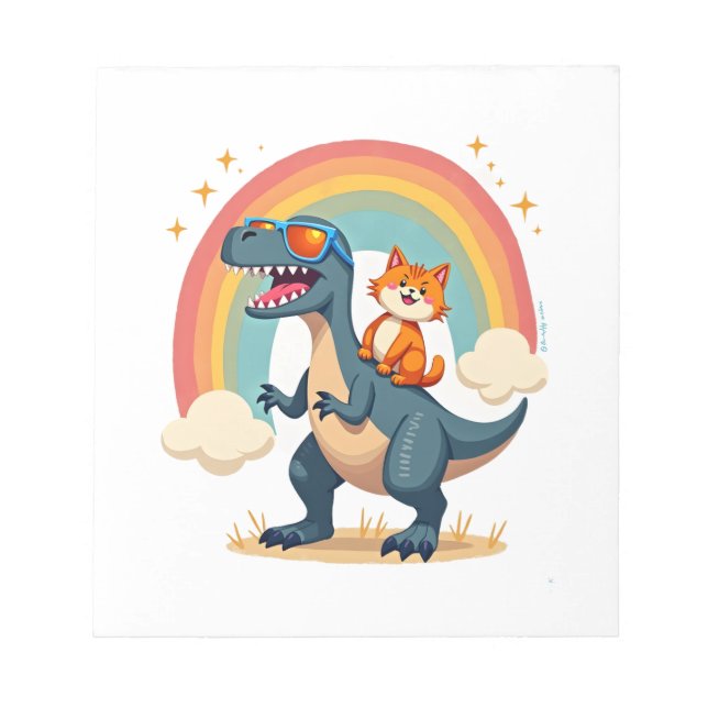 Cat Riding Dinosaur T-Rex Kitten Rainbow Dino Funn Notizblock (Vorderseite)