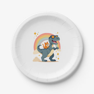 Cat Riding Dinosaur T-Rex Kitten Rainbow Dino Funn Pappteller