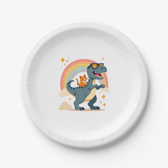 Cat Riding Dinosaur T-Rex Kitten Rainbow Dino Funn Pappteller (Vorderseite)