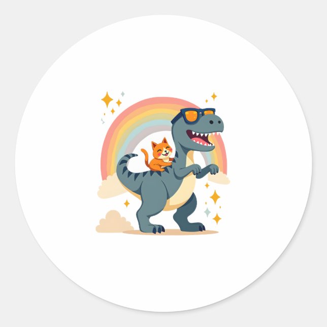 Cat Riding Dinosaur T-Rex Kitten Rainbow Dino Funn Runder Aufkleber (Vorderseite)