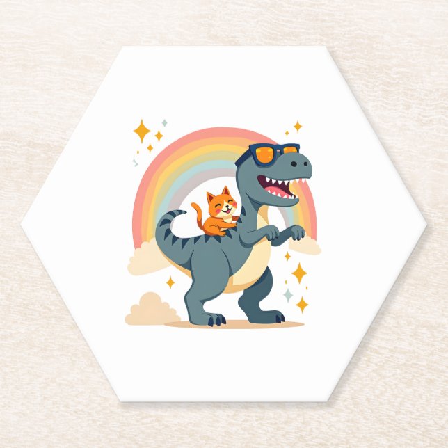 Cat Riding Dinosaur T-Rex Kitten Rainbow Dino Funn Untersetzer (Vorderseite)
