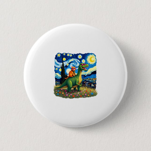 Cat Riding Dinosaur T-Rex Starry Night Cat Lover ( Button (Vorderseite)