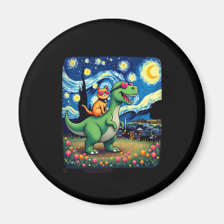 Cat Riding Dinosaur T-Rex Starry Night Cat Lover ( Magnet