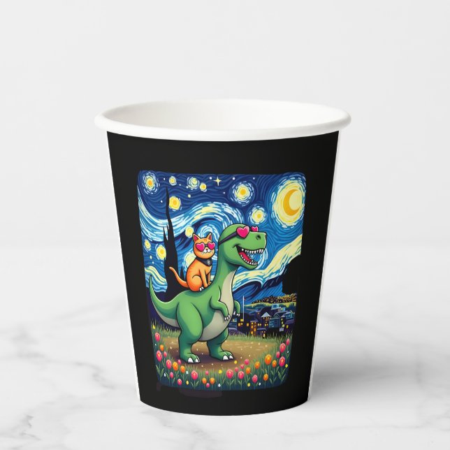 Cat Riding Dinosaur T-Rex Starry Night Cat Lover ( Pappbecher (Vorderseite)