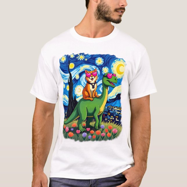 Cat Riding Dinosaur T-Rex Starry Night Cat Lover ( T-Shirt (Vorderseite)