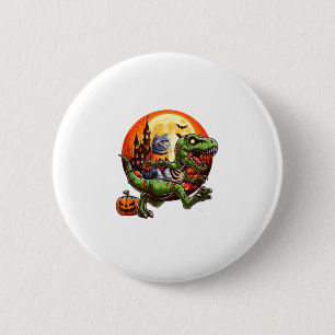 Cat Riding Horror T-rex As Zombie Halloween Kids T Button