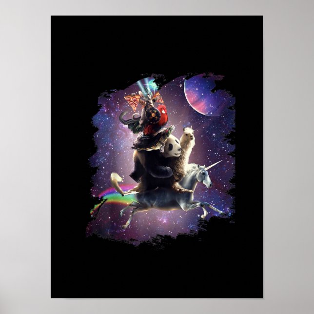 Cat Riding Hühnerschildkröte Panda Llama Unicorn Poster (Vorne)