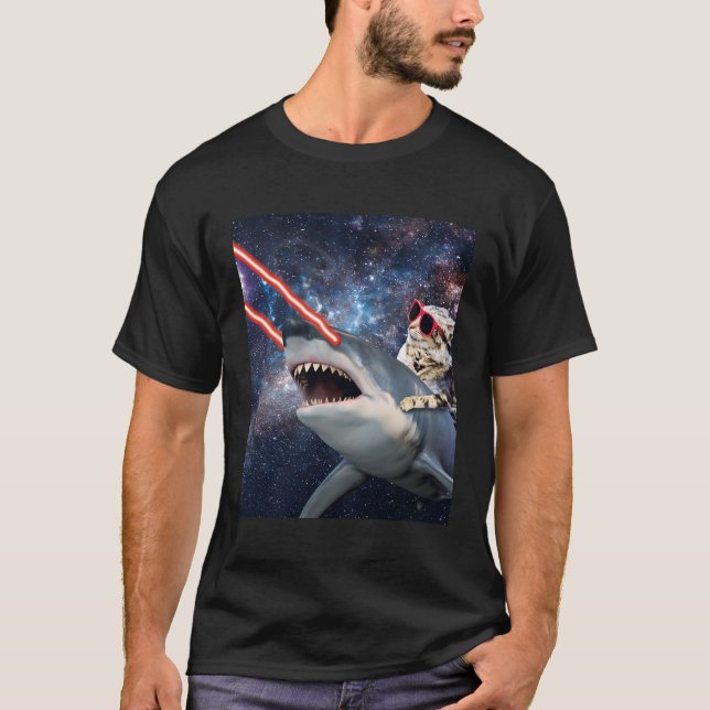 Cat Riding Laser Space Shark T-Shirt (Vorderseite)