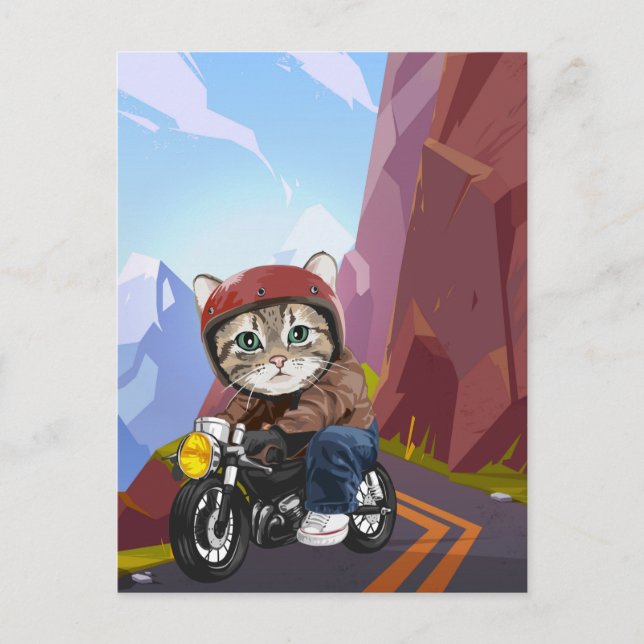 Cat Riding Motorrad auf der Bergstraße  Postkarte (Vorderseite)