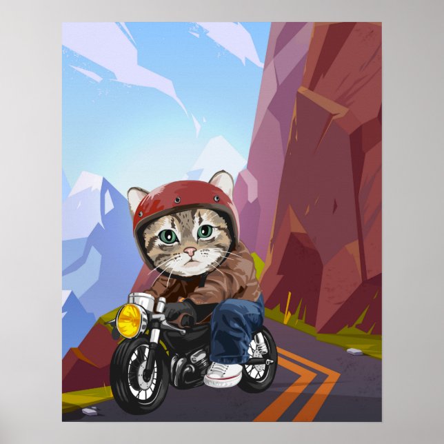 Cat Riding Motorrad auf Mountain Road Poster (Vorne)