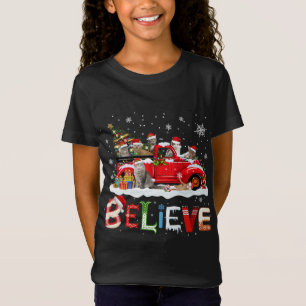 Cat Riding Red Truck Weihnachtsbaum glauben Santa T-Shirt