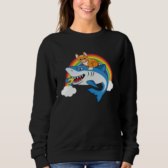 Cat Riding Shark Eating Avocado With Rainbow For C Sweatshirt (Vorderseite)