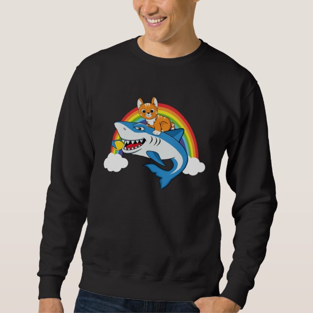 Cat Riding Shark Eating Lemon With Rainbow For Lem Sweatshirt (Vorderseite)