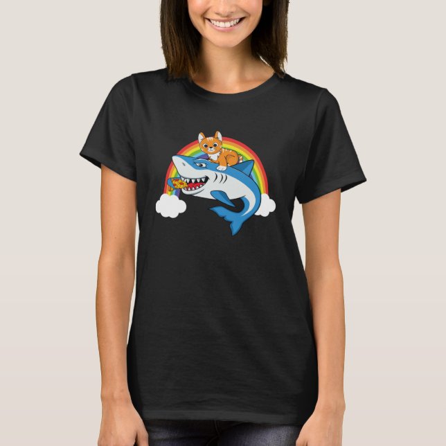 Cat Riding Shark Eating Pizza With Rainbow For Piz T-Shirt (Vorderseite)