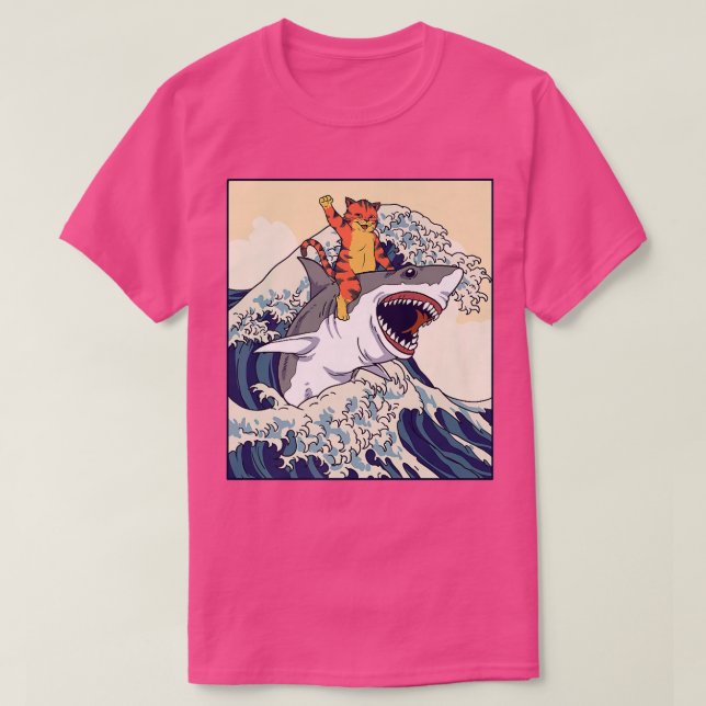 Cat Riding Shark Japanischer Wave T-Shirt (Design vorne)