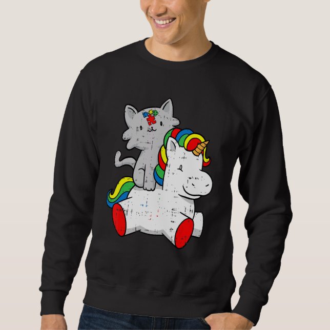 Cat Riding Unicorm Autismus Bewusstsein Niedlich P Sweatshirt (Vorderseite)