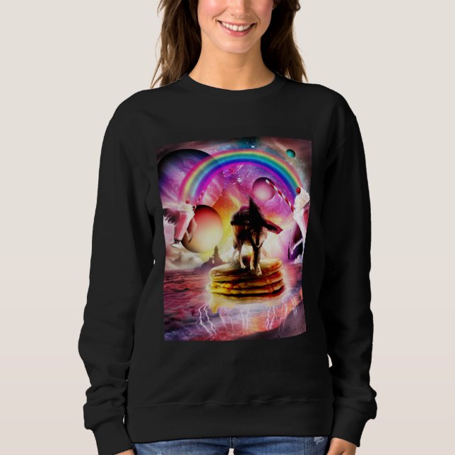 Cat Riding Wolf With Pancakes And Milkshake Sweatshirt (Vorderseite)