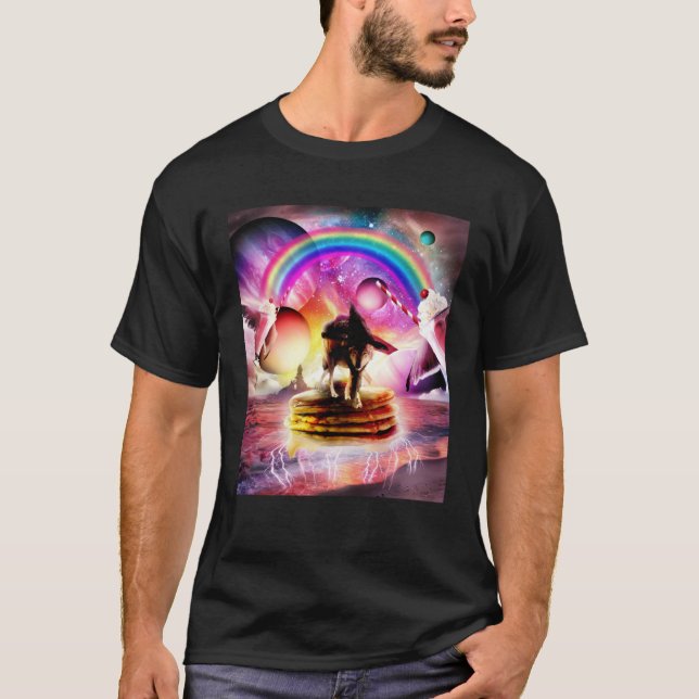Cat Riding Wolf With Pancakes And Milkshake T-Shirt (Vorderseite)