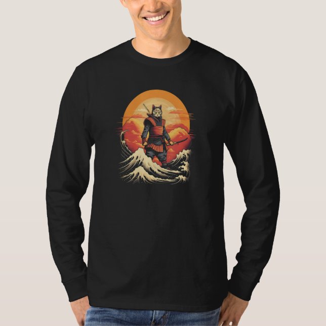 Cat Samurai Charming Japanese Style The Great Wave T-Shirt (Vorderseite)