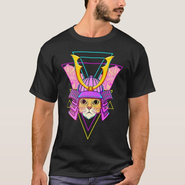 Cat Samurai Japanisch Vaporwave Ästhetik T-Shirt (Vorderseite)