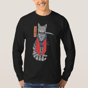 Cat Samurai Katana Schwert und japanisches Kanji T-Shirt