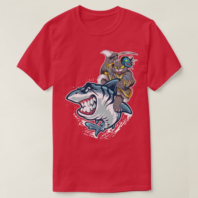 Cat Samurai Riding on Shark Workmanship Japanisch  T-Shirt (Design vorne)