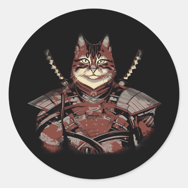 Cat Samurai Warrior Japanisch Runder Aufkleber (Vorderseite)