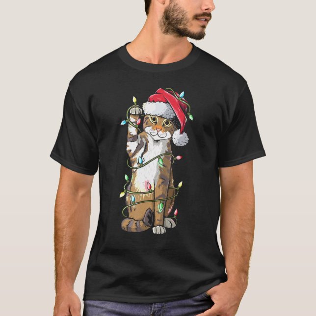 Cat Santa Claus Hat Christmas Lights Funny Cat Xma T-Shirt (Vorderseite)