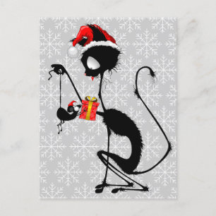 Cat Santa und Maus mit Weihnachtsgeschenk Postkarte